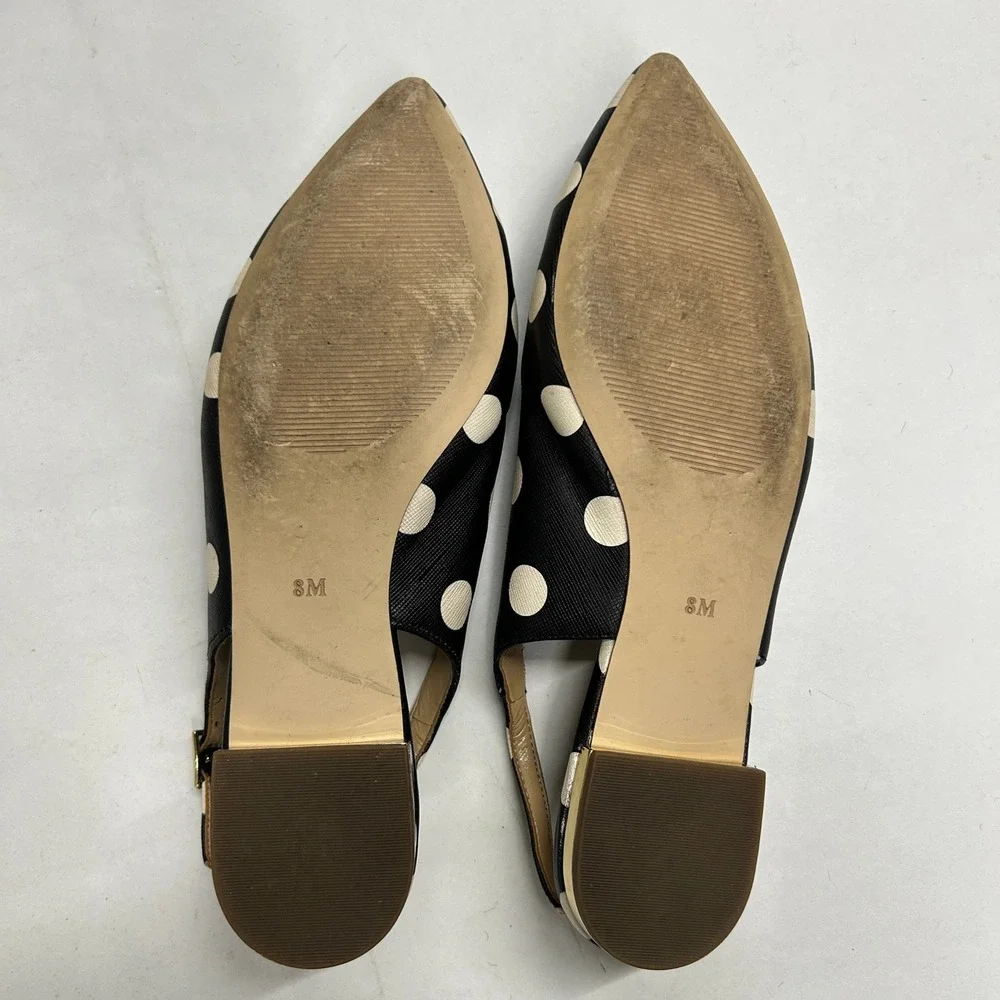 Talbots Polka Dot Pointed Toe Slingback Flats 8M Black White Gold Preppy Chic